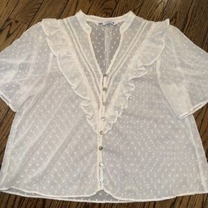 Zara Women's Semi Sheer Cream V-Neck Blouse W/ Polka Dots, Size Medium Ruffle